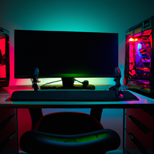 A neatly arranged desk setup with the cyberpowerpc gamer xtreme vr tower lit up and running