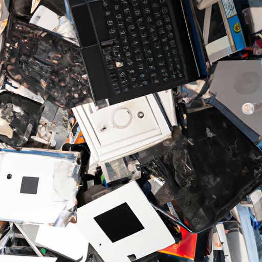 A pile of electronic waste with disassembled parts of laptops and tablets visible