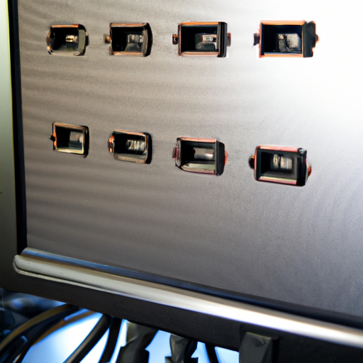 A rear view of a monitor showing all the input ports including hdmi and vga with cables plugged in