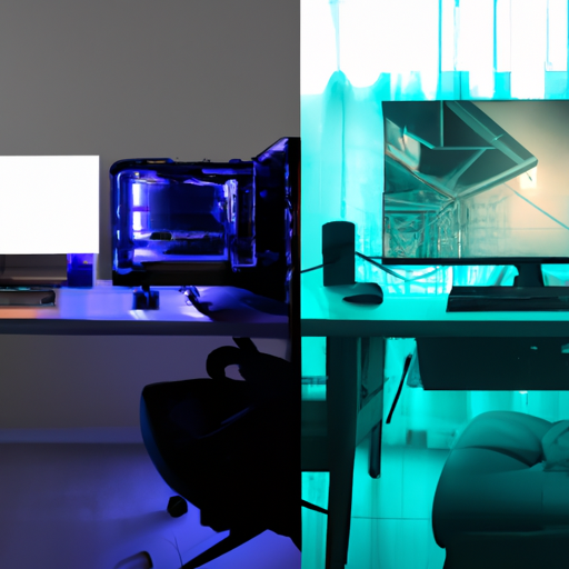 A split-image showing a gaming setup on one side and a machine learning workstation on the other